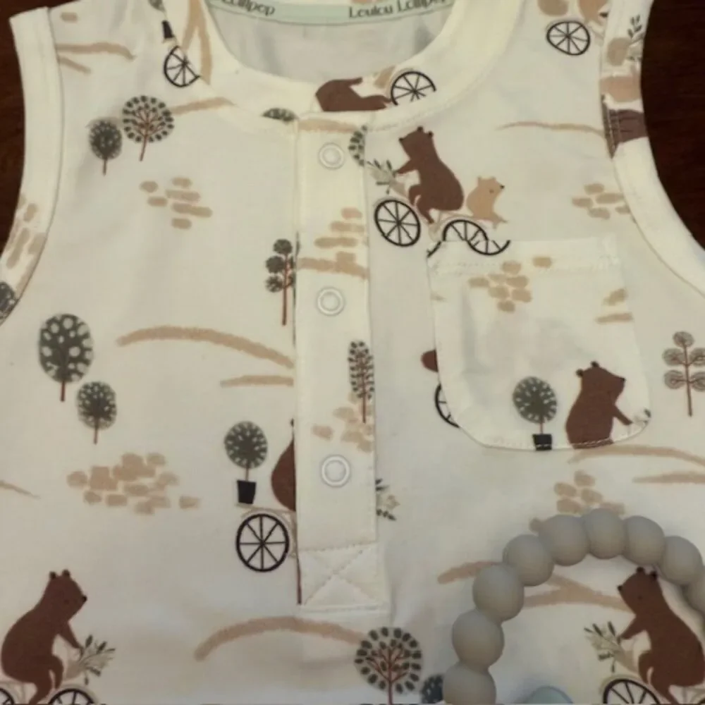 NWOT Loulou Lollipop Set Bears on Bike Short Romper Teething Ring Size‎ 12-18 Mo